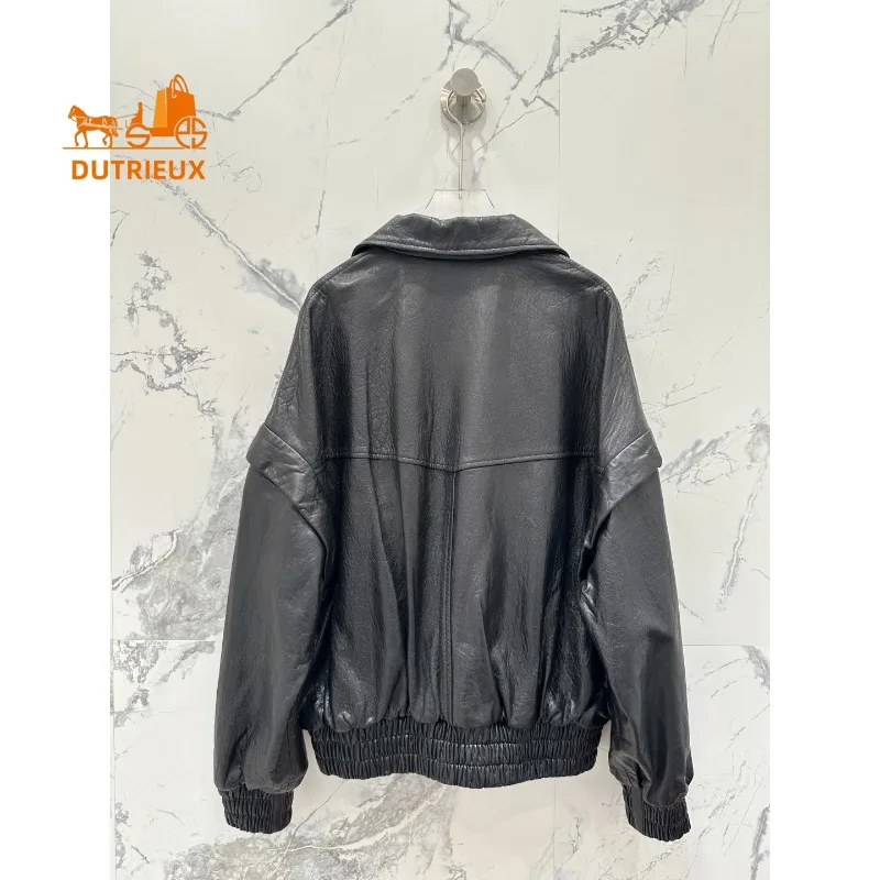 Winter Two-color Optional Waxy Motorcycle Jacket Lapel Mid-length Unisex Style, 100% Genuine Sheepskin Versatile Fashion Coat