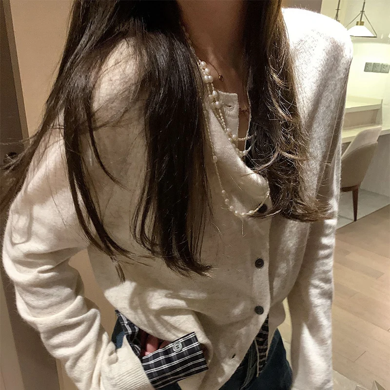 Cardigan coréen deux fausses pièces pour femme, Plaid, mélange de couleurs, tricoté, simple boutonnage, col rond, manteaux pour dame, printemps automne