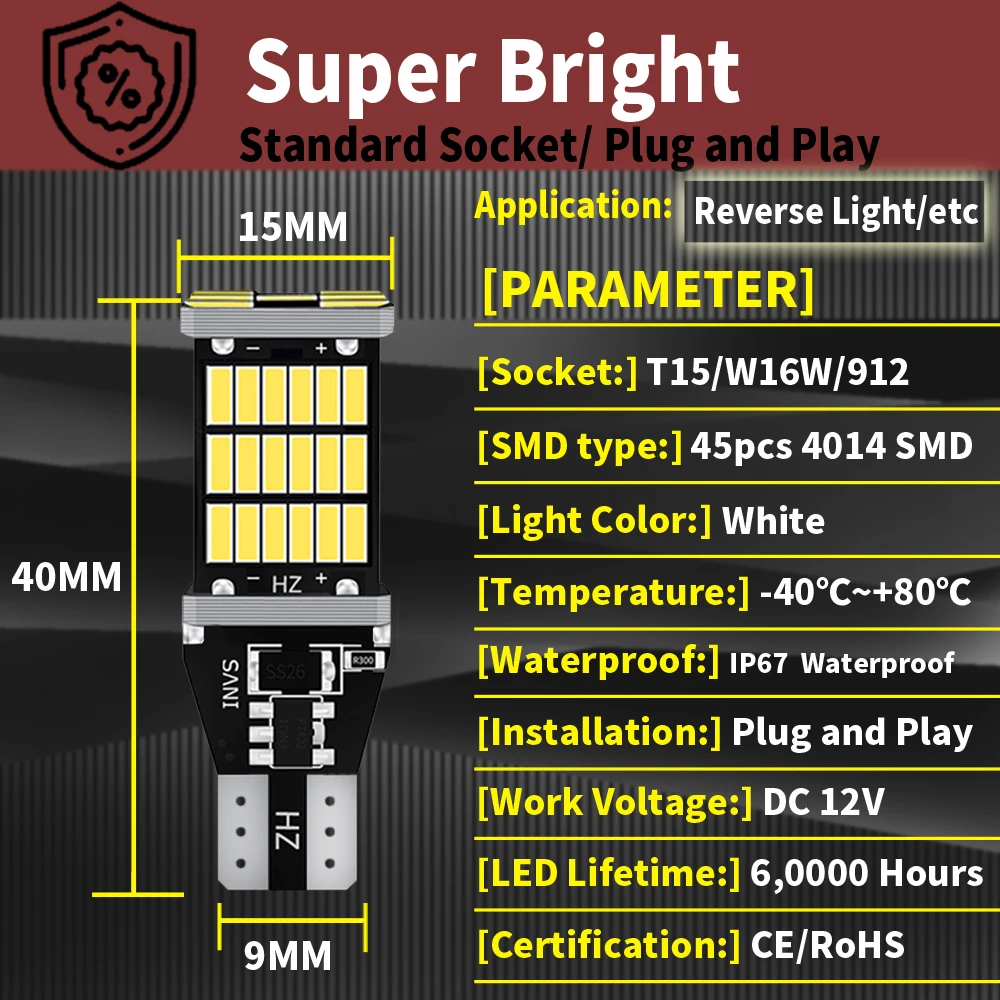 2Pcs W16W T15 Canbus Led Auto Lamps 6500K White 921 912 Backup Reversing Lights For Toyota Camry 40 Corolla 150 Prius 12V