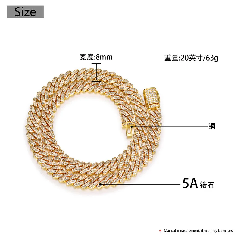 8mm wide Hip Hop 2 Row CZ Stone Paved Bling Ice Out Solid Round Cuban Miami Link Chain Necklace for Men Rapper Jewelry Gift