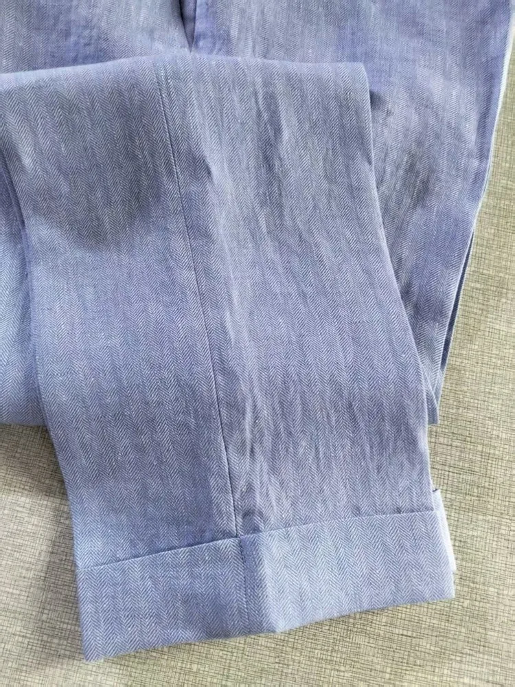 Nuevos pantalones de verano para hombre, azul claro, informales, hasta el tobillo, pantalones de pierna recta, pantalones de lino a la moda, pantalones de cintura media con botones ajustados