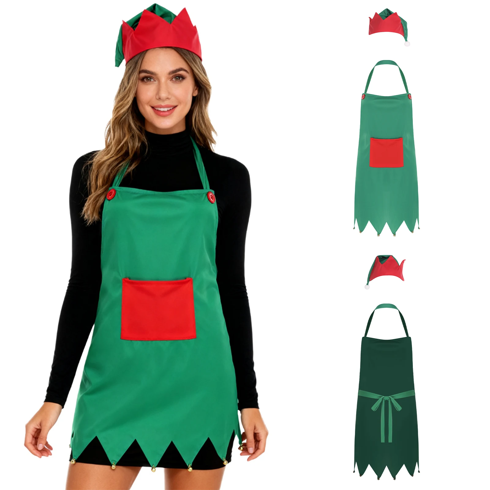 

Women Green Apron And Hat Sets Christmas Elf Stylish Role Play Performance Apron for Mrs Santa Claus Christmas Party Costumes