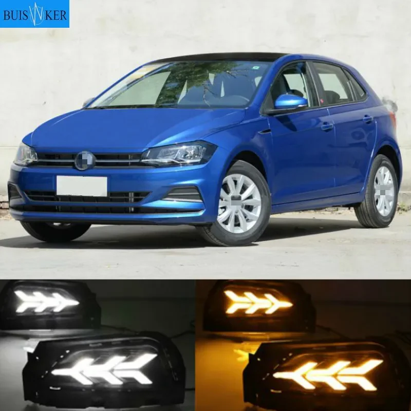 

2PCS LED Daytime Running Light For For Volkswagen Polo 2018 2019 Dynamic Yellow Turn Signal 12V DRL Fog Lamp Decoration