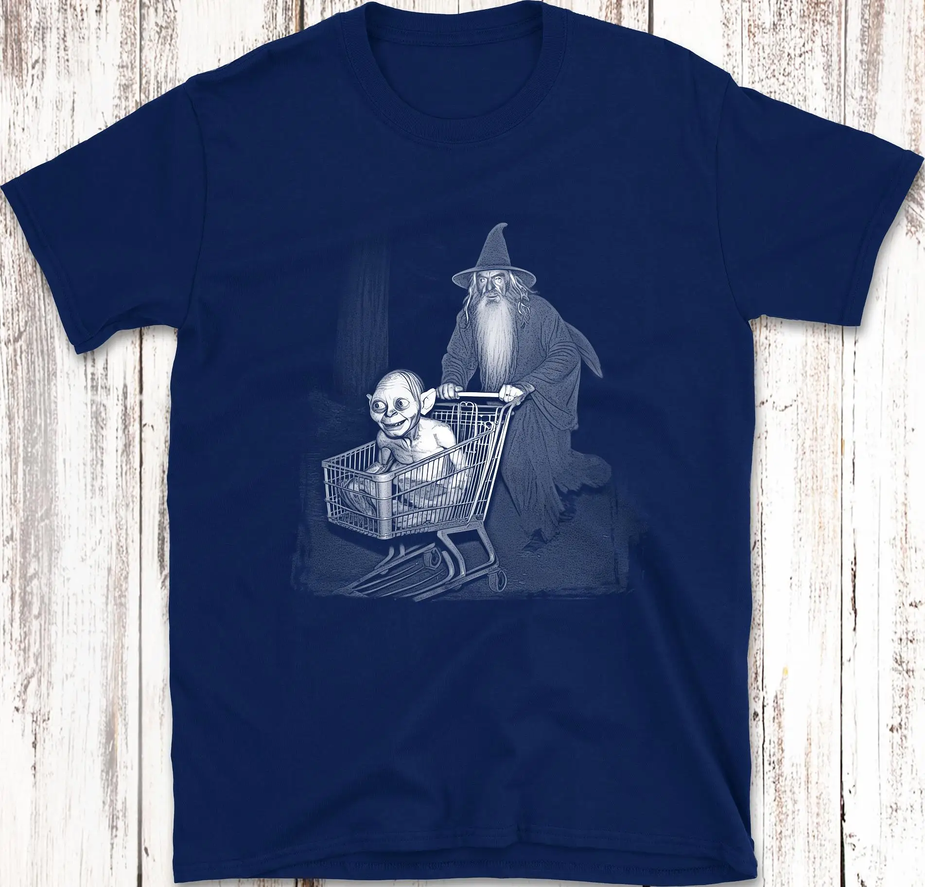 Wizard and Goblin Adventures Shopping Cart At Night Funny Graphic T-Shirt Men Clothing Comfortable T Shirt