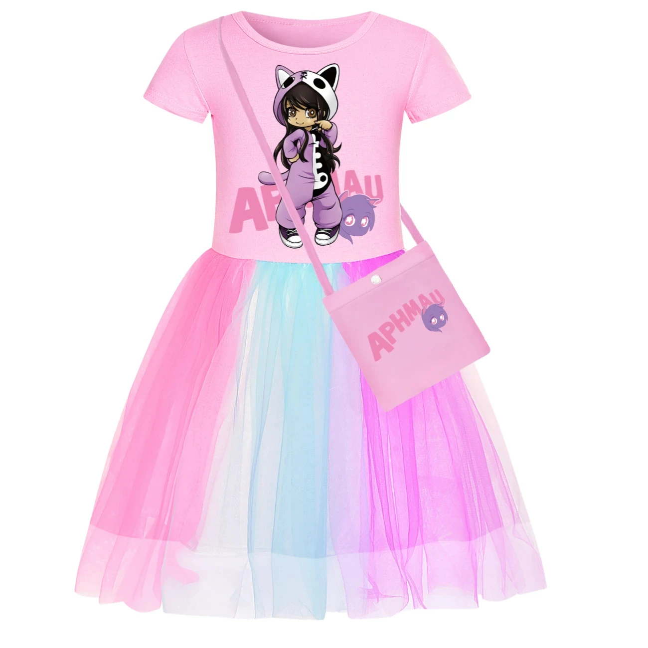 Baby Girls Cat Aaron Lycan Dress Kawaii APHMAU Clothes Kids Carnival Cosplay Vestidos Children Short Sleeve Casual Dresses& Bag