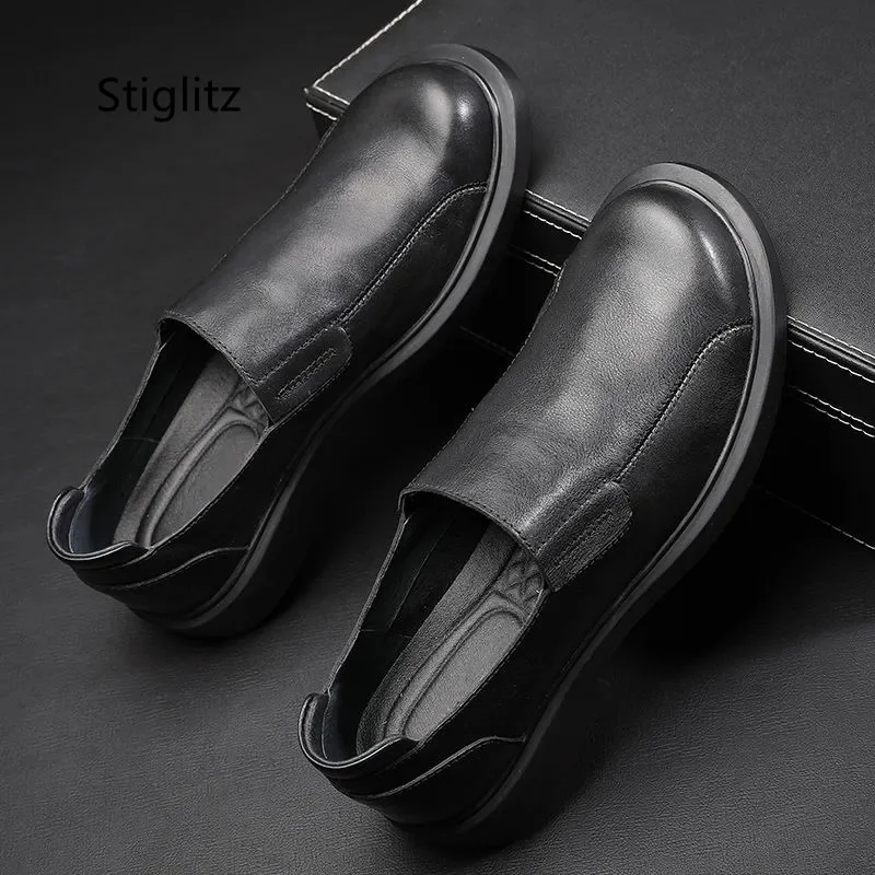 Black Genuine Leather Men\'s Shoes Loafers Lazy Soft Sole Casual Leather Shoes Slip On Round Toe Business Dress Male Shoes