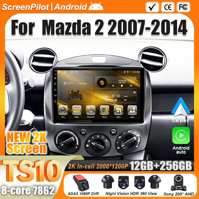 Android 16 For  Mazda 2 2007-2014 Car Radio Stereo Head Unit Multimedia Video Player GPS Navigation 2K QLED 9 Inch 5G 8 Core RDS