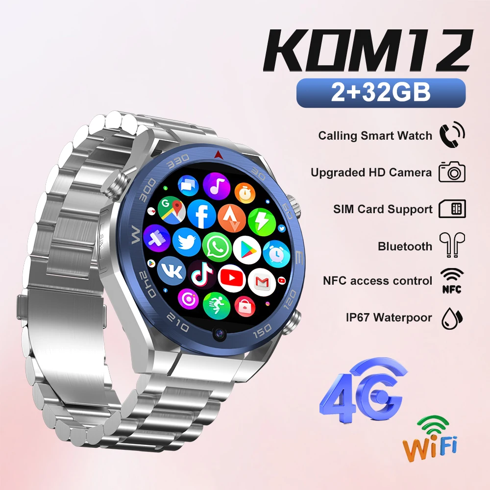 

XUESEVEN KOM12 4G SIM Card Smartwatch Original 1.62" Google Store Camera Video Call GPS Sports Men and Women Smart Watch Phone