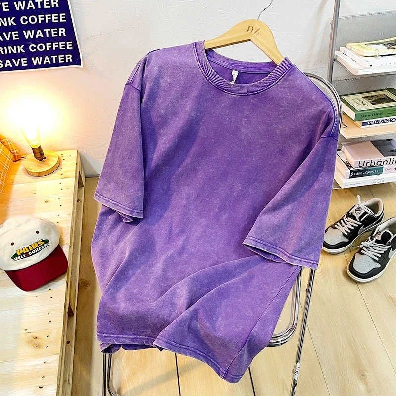 American Style Retro Heavyweight Solid Color Short Sleeved T-shirt Men Women Summer Street Trendy Washed Old Oversized Clothes image 3
