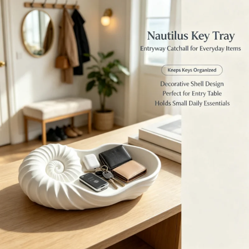 Nautilus Shell Trinket Dish White Spiral Seashell Decor Tray Resin Key Jewelry Ring Holder Coastal Home Desktop Ornament