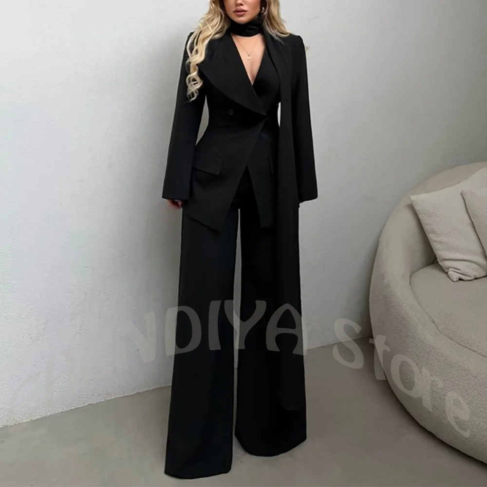 Classic Black Women Suit Set Double Breasted Asymmetrical Blazer Pants with Muffler Formal Office Elegant Two Piece Outfit