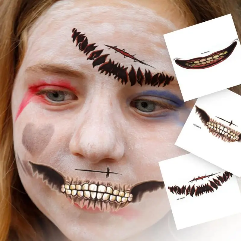 12Pcs ฮาโลวีน Clown สยองขวัญปากสติกเกอร์รอยสักชั่วคราวรอยสัก DIY ปลอม Tattoo คอสเพลย์ปาร์ตี้ตกแต่ง
