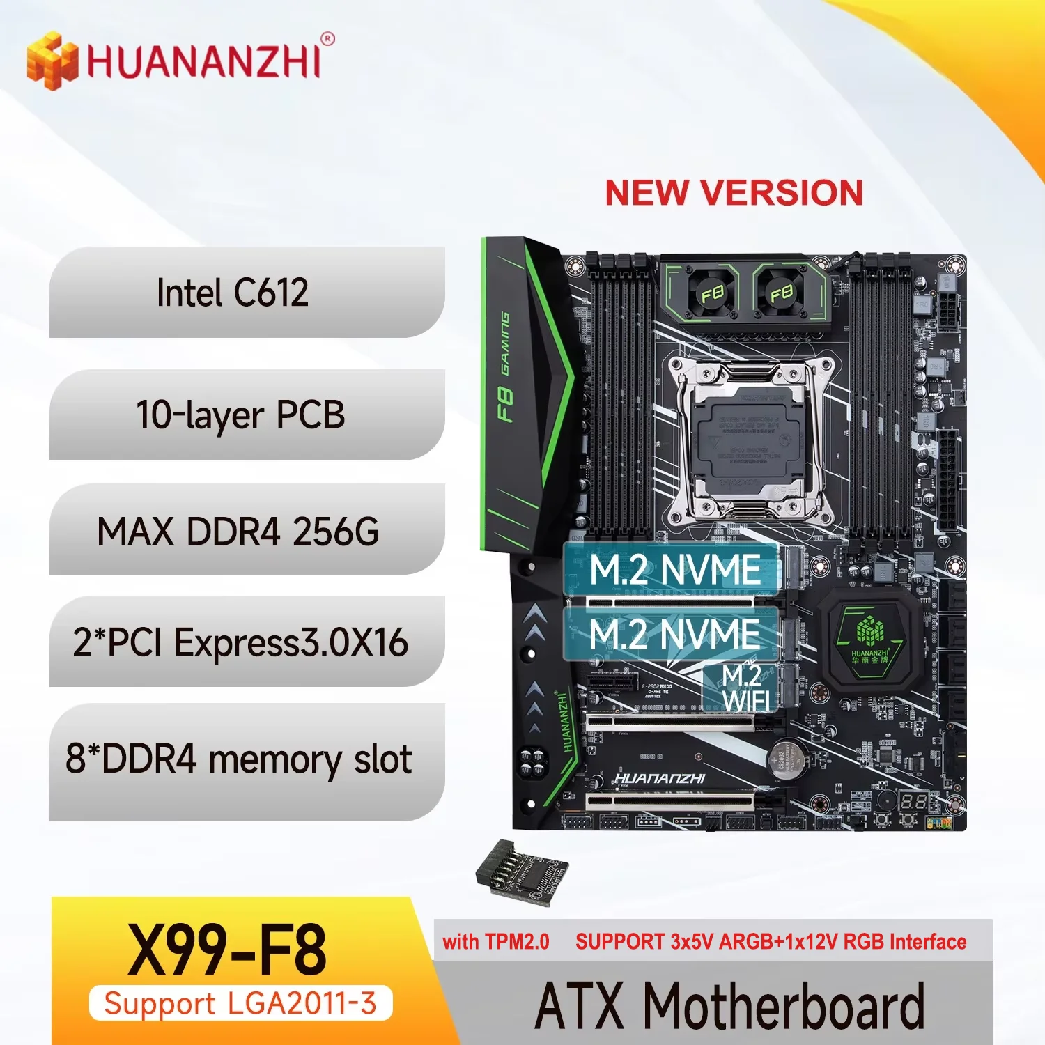 HUANANZHI X99 F8 LGA 2011-3 XEON X99 Motherboard Support Intel E5 V3 V4 Series TPM2.0 3*ARGB 1*RGB DDR4 RECC NONECC Memory