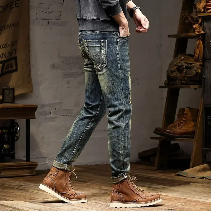 

Tight Pipe Jeans for Men Straight Skinny Slim Fit Harajuku Wide Leg Trousers Classic 90s Streetwear Goth Retro Man Cowboy Pants