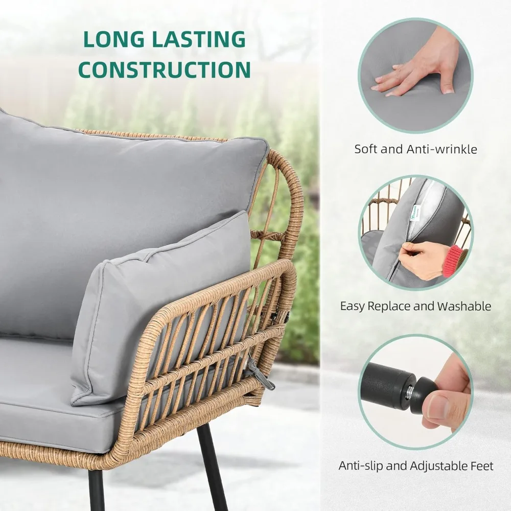 مقعد فناء خارجي من الخيزران مناسب لجميع الأحوال الجوية مع وسائد ووسائد قطنية، طقم أريكة بمقعدين #3