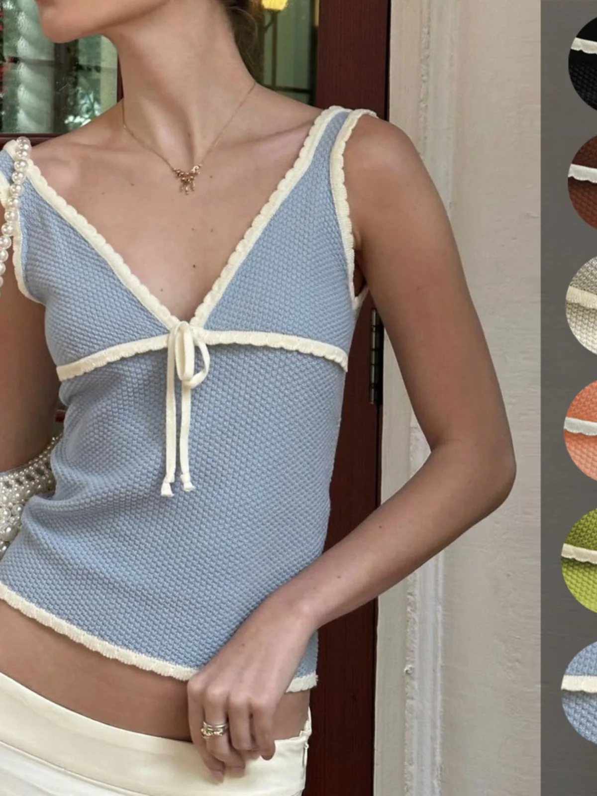 

Сексуальный женский кружевной топ с глубоким V-образным вырезом, уличный стиль, с цветочным декором, укороченный, с узлом, модный летний тренд