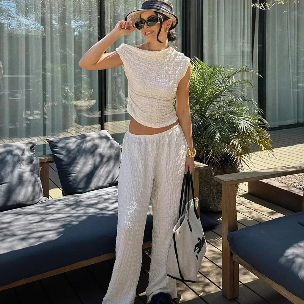 Summer Fashion Pajamas for Women Suit Solid Skew Collar Sleeveless Tops+Mid Waist Elastic Waist Wide Leg Pants Women Outfits Set