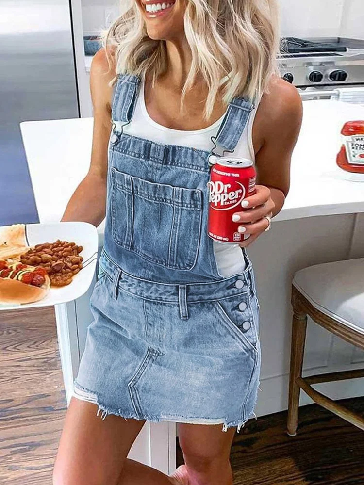 Damski postrzępiony Hem regulowany pasek Denim sukienka ogrodniczka klasyczny Casual Mini Jean sukienki kieszeń bez rękawów pończoch krótki spódnica