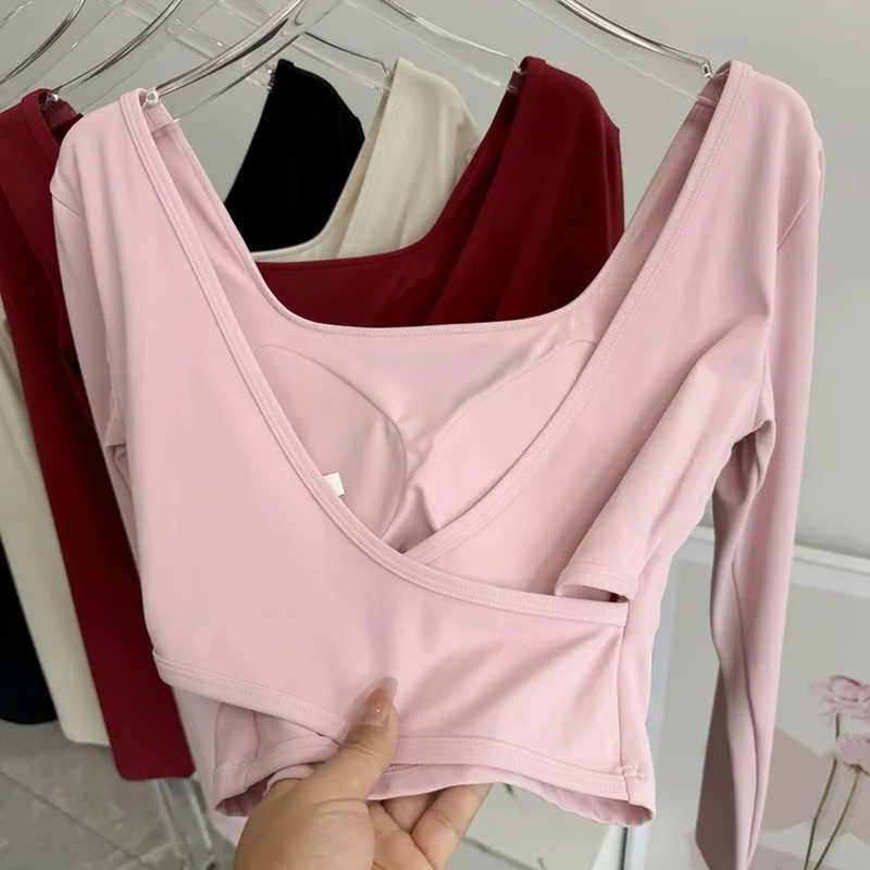 Feste Brustpolster, überkreuzter Rücken, Yoga-Kleidung, eng anliegend, schlankmachend, Sport-Langarm-Laufshirt, Fitness-Oberteil, Shirts – Detail 7