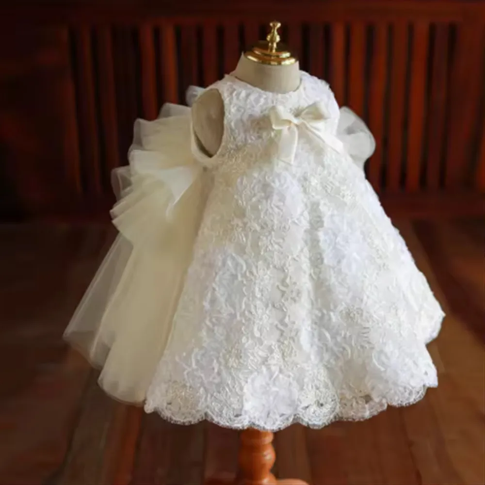 

Elegant White Lace Flower Girl Wedding Dress Sleeveless Bow Princess Birthday Party Dress Girls Piano Perform Communion Gown