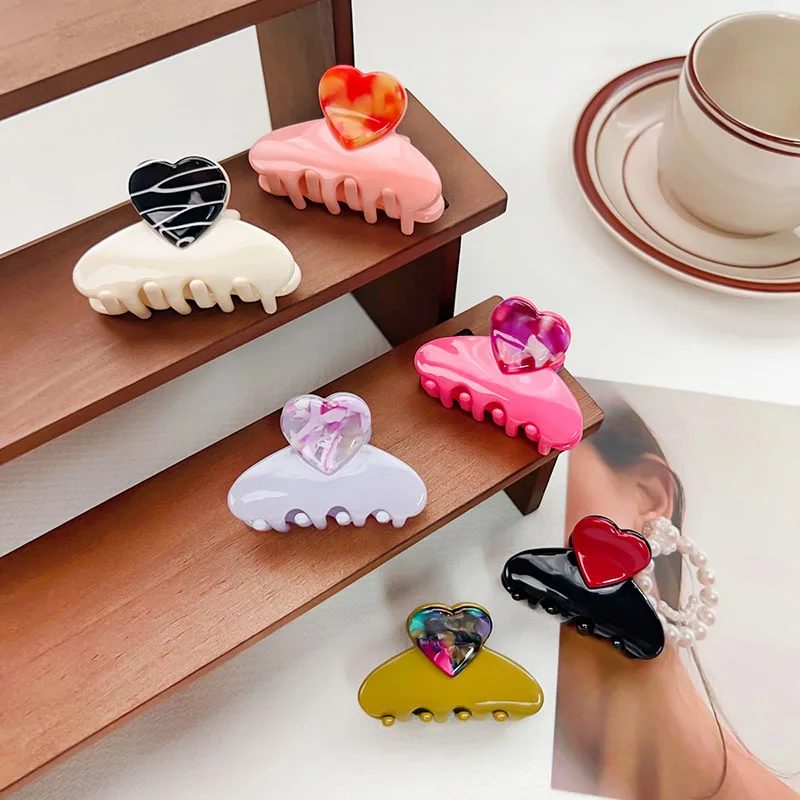Korean Cute Sweet 5.5CM Medium Love-Heart Shark Clip High Grade Floral Acetic Acid  Ponytail Clip Hair Accessories