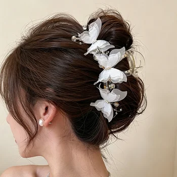 New Fashion Simulation Butterfly Hair Clips for Women Elegant Pearl Bow Ponytail Clip Sweet Crab Claw Headdress Hair Accessories