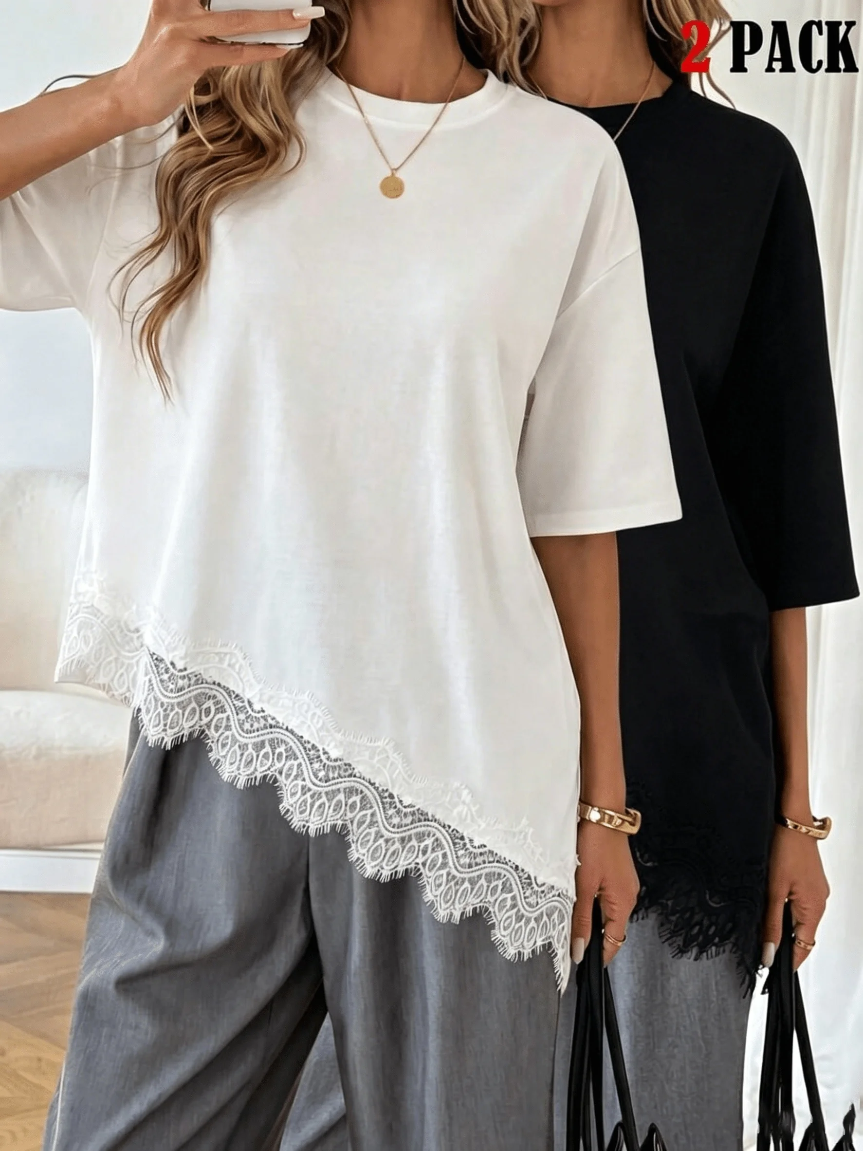 2-piece set loose round-neck short-sleeve women's T-shirt with lace hem splicing, stylish solid color top
