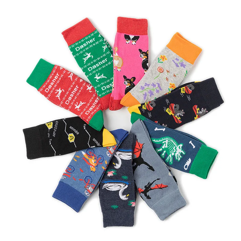 Combed Cotton Men's Socks Colorful Print Cat Dog Plants Cartoon Men Happy Funny Skateboard Socks