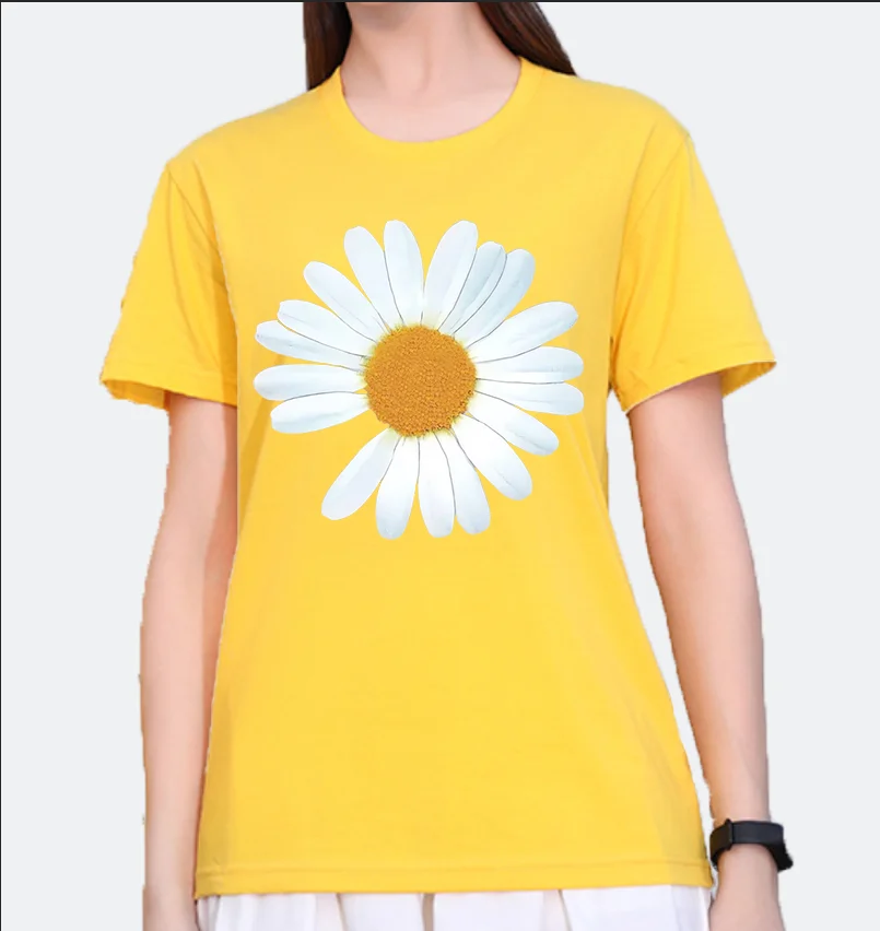 Camiseta de algodón con estampado de flores para mujer, camiseta de manga corta con cuello redondo y Media manga con margaritas, ropa de gran tamaño