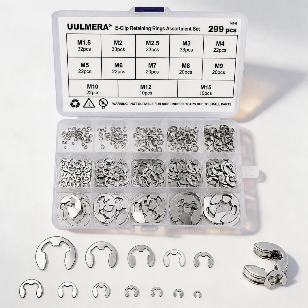 299pcs 304 Stainless Steel E-Clips Assortment Kit External Retaining Rings Set M1.5-M15 Metric Snap Ring for Marine Auto