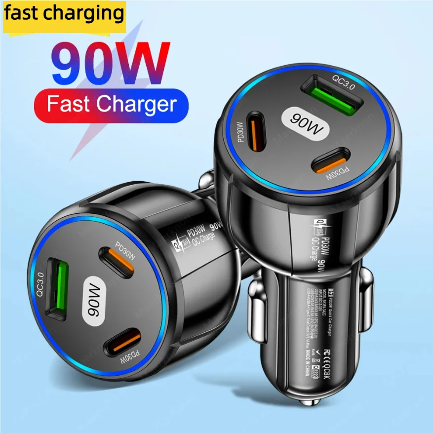90W USB Autolader 3-poorts PD Type-C Snellader Auto Telefoonadapter voor iPhone 16 15 Xiaomi Samsung Snelladen in de Auto