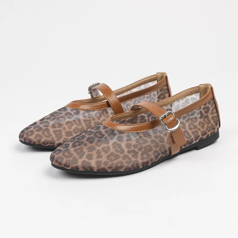 In Summer Wear Round Toe Straight Buckles Casual and Comfortable Women's Flats Cut-out Mary Jane Single Shoes Fishnet Shoes