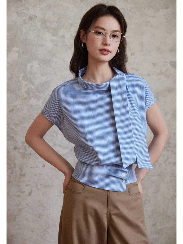 

Blue Plaid irt Асимметричный дизайн Удобная дышащая смесь хлопка ort Sve Воротник-стойка Vintage Sle Женская irt