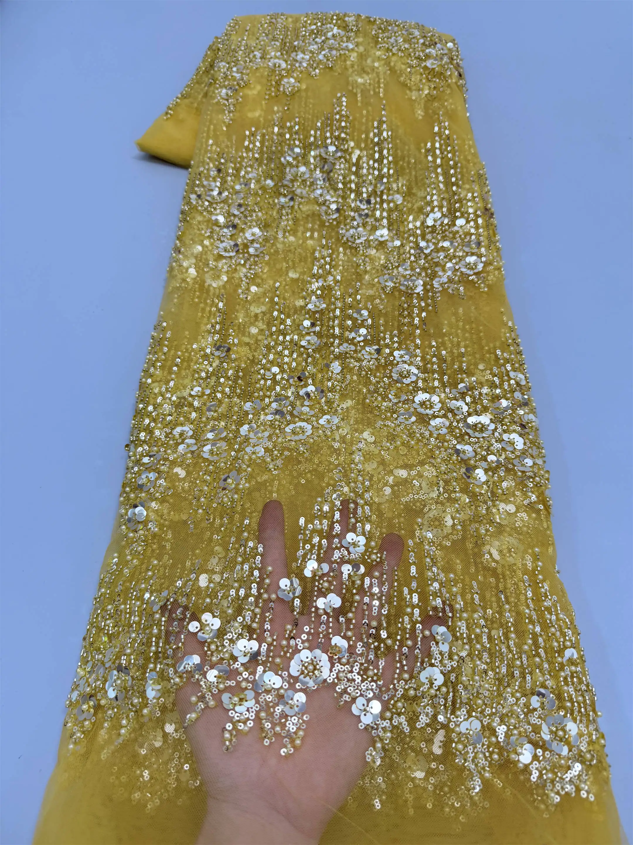 

Красивая нигерийская кружевная ткань с пайетками и африканскими бусинами, 2026, высокое качество, 5 ярдов, африканский французский тюль, сетчатое кружево