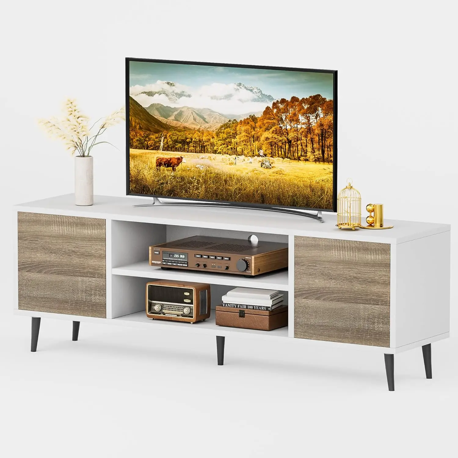 TV Stand for 65 In TV, Modern Entertainment Center w/ Storage Cabinet and Open Shelves,Console Table Media Cabinet,White & Oak