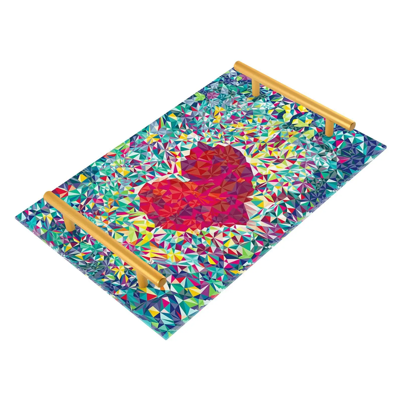 

Colorful Heart Print Bathroom Sink Vanity Tray With Golden Handle Household Decorative Storage Tray For Kitchen Display Plate