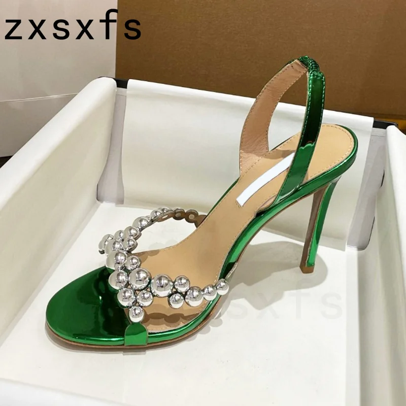 

Summer Slingback High Heel Party Sandalias Metal Ball Decor Women's Mujer Peep Toe Leather Gladiator Sandals Designer Mules