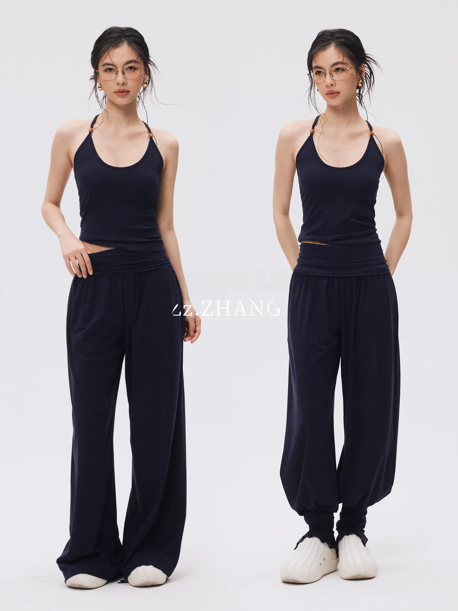 

ZzZHANG Комфортный, мягкий, приятный на ощупь, легкий повседневный спортивный костюм из лиоцелла темно-синего цвета с длинными брюками на бретелях для женщин