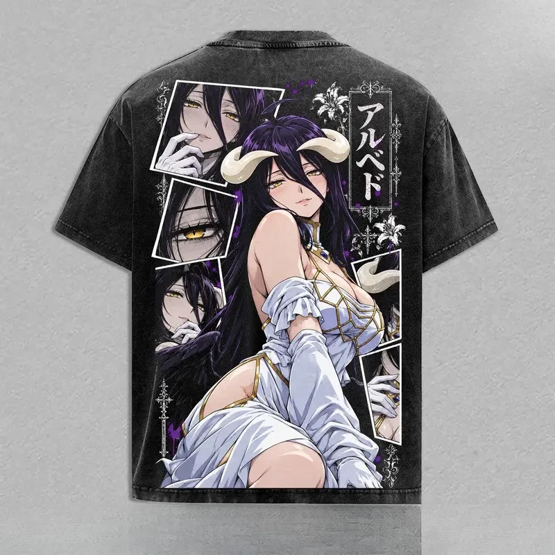 Overlord Albedo Printed Streetwear Men Women Short Sleeve Clothing Washed Cotton T-shirt Vintage Casual T Shirt Oversized Tshirt