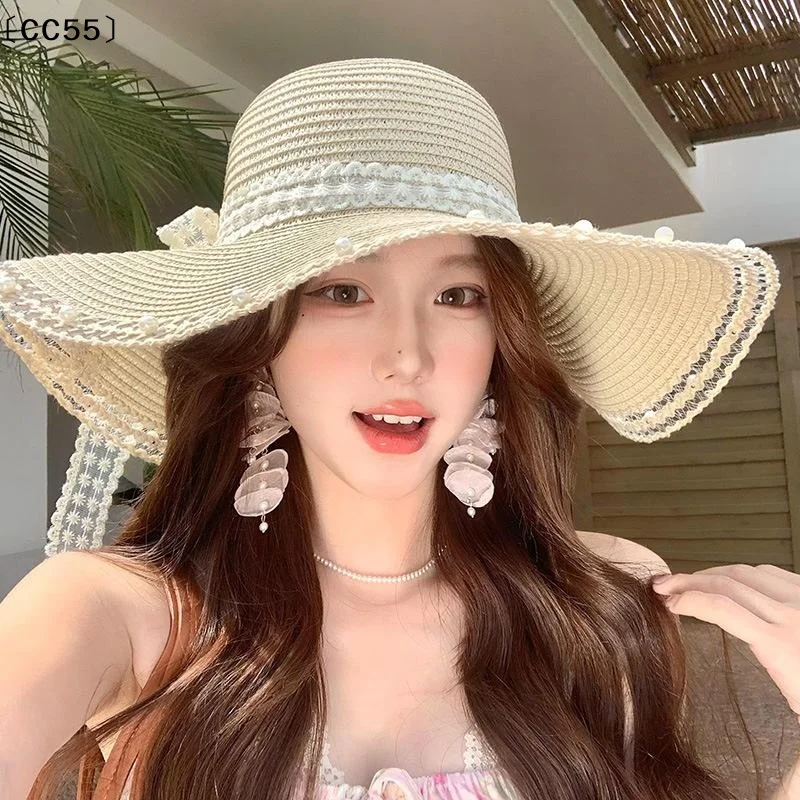 Women's Seaside Bow Beach Hat Oversize Straw Hat Women's Summer Sun Block Big Brim Hat Suitable For Sun Protection〔CC55〕