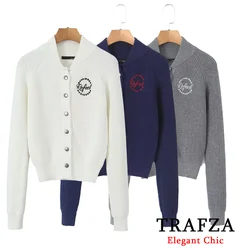 TRAFZA-Women Fashion Knitted Preppy Cardigan Letters Embroidered Badge Cardigan New 2024 Spring Autumn Slim Navy Blue Cardigan