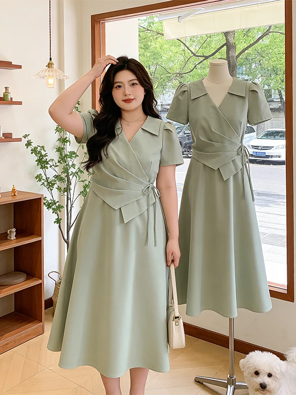 Summer New plus Size Irregular Hem Waist Cinching Dress Women's Fashion Slimming Splice Fake Two-Piece Long Dress
