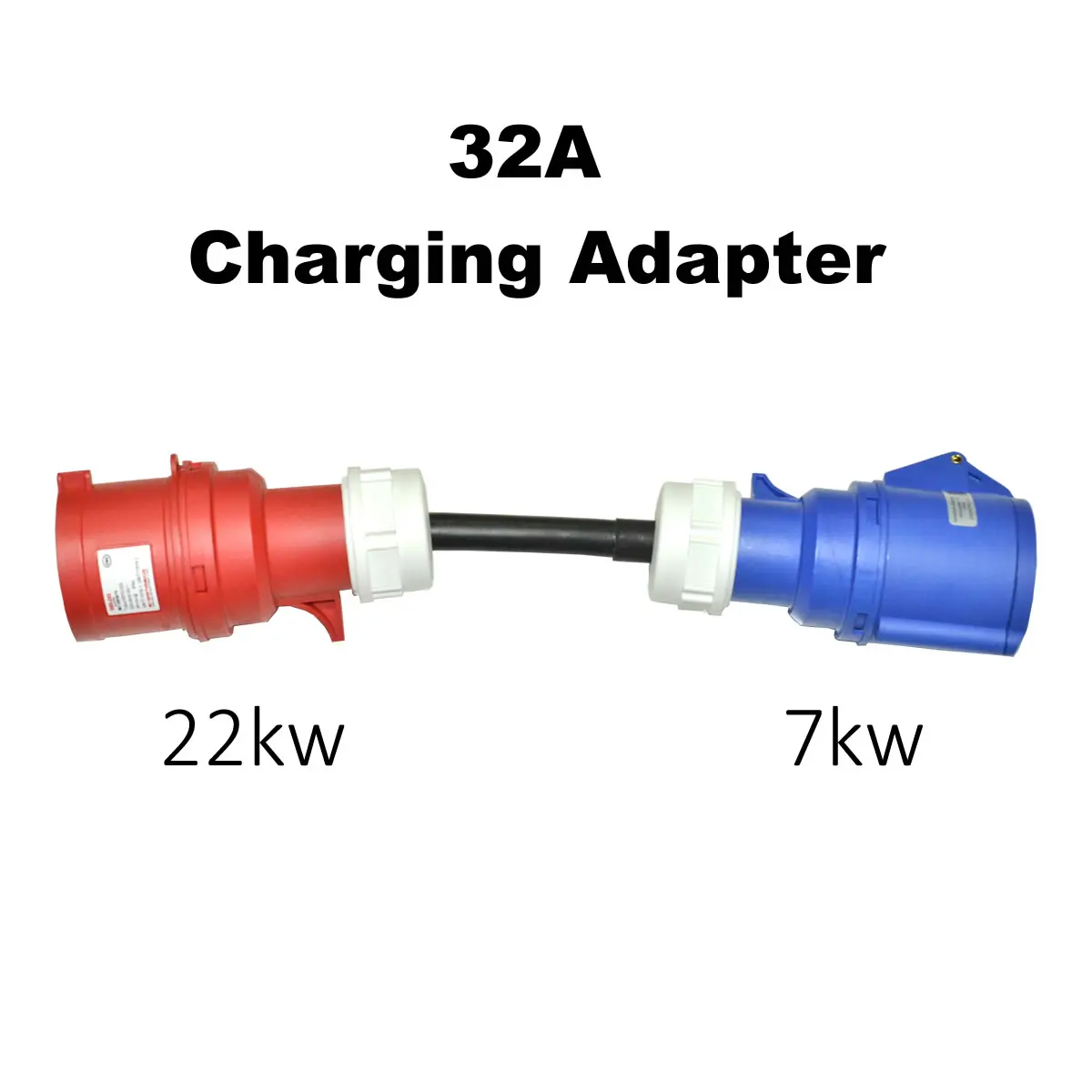 อะแดปเตอร์ชาร์จรถยนต์ไฟฟ้าแปลงจาก22Kw เป็น7kw 3เฟสเป็น1เฟส32A ตัวผู้สีแดงเชื่อมต่อ5PIN กับ3pin สีฟ้าตัวเมีย