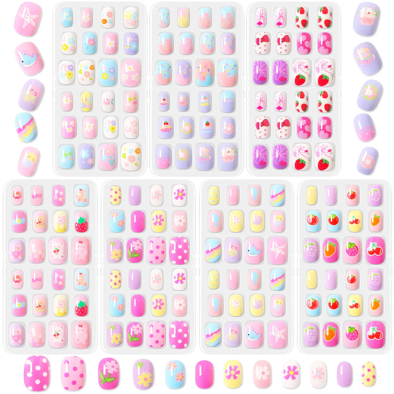 

168pcs Kid False Nail Tips Flower Marine Life for Children Full Cover Kid Glue Self Fake Nail Art for Girls Manicure Tips