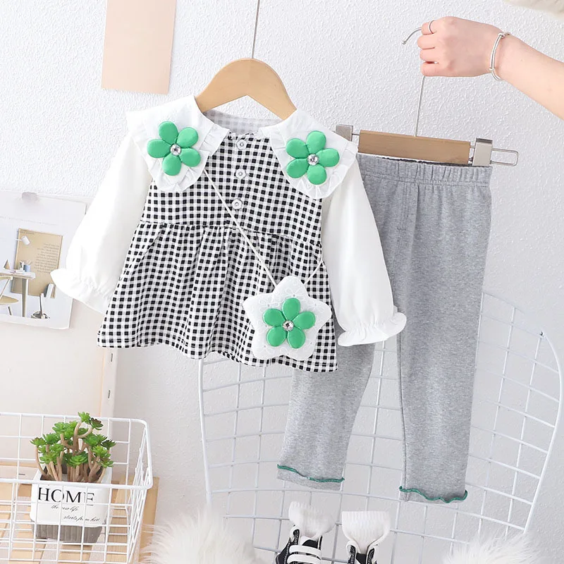 Spring Autumn Toddler Girl 2PCS Clothing Set Plaid Pullovers Grey Pant Children Girls Outfit Kids Suits