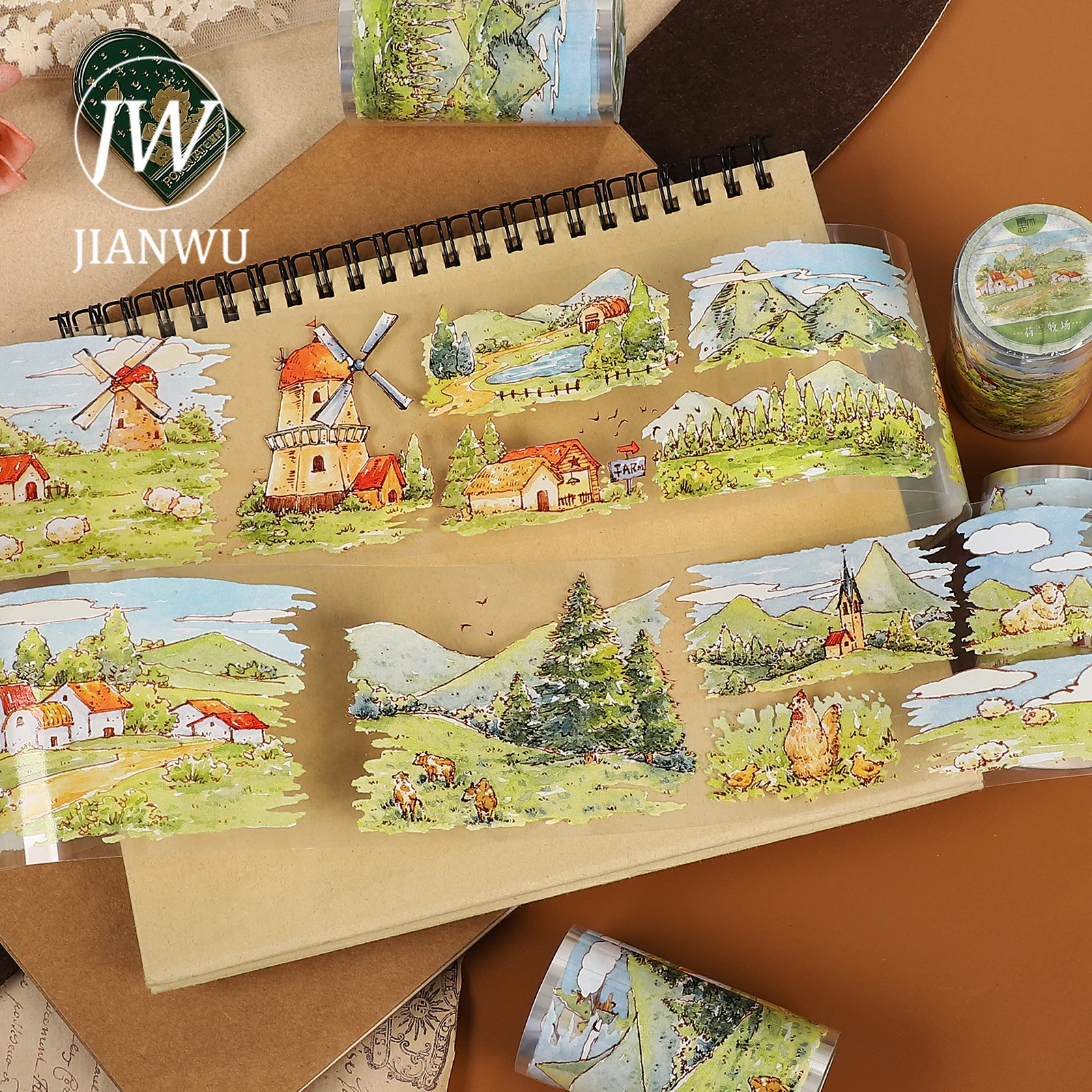 JIANWU 70mm*500cm Vintage Pasture Grass Tree Landscape Material Collage Scrapbook PET Tape Creative DIY Journal Stationery