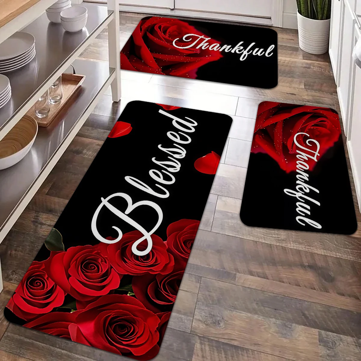 2/3 Stück Valentinstag-Küchenteppich-Set mit vollem und leuchtend rotem Rosenmuster, langer Flanellteppich,