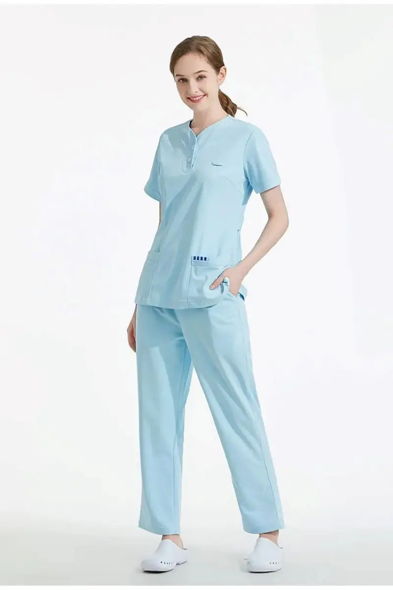 New Women's Summer Y Neck Dental Clinic Pet Shop Medical Scrub Uniforms Set Antiwrinkle Anti-Static Workingwear Waist Adjust