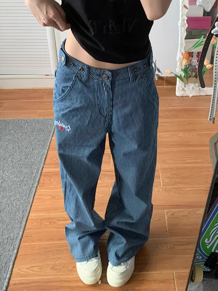 

American Retro Striped Loose Wide Leg Jeans Men's Lazy Style Embroidered Straight Leg Long Pants Casual Loose Fit Jeans