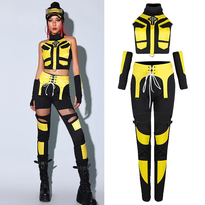 أزياء رقص الجاز النسائية Kpop الزي أصفر أسود بلايز السراويل ملهى ليلي بار Dj أداء البدلة الهذيان سحب الملكة زي